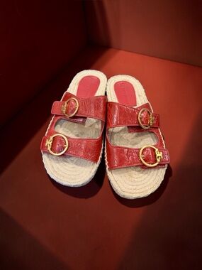 ✨ Tory Burch✨ Selby Two-Band Red Leather Espadrille Slide Sandals – Size 8M